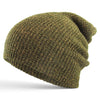 Olive heather knit slouch beanie with relaxed oversized fit and soft textured finish.