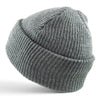 Close up view of light grey heather slouch beanie showing soft textured knit and relaxed oversized fit.