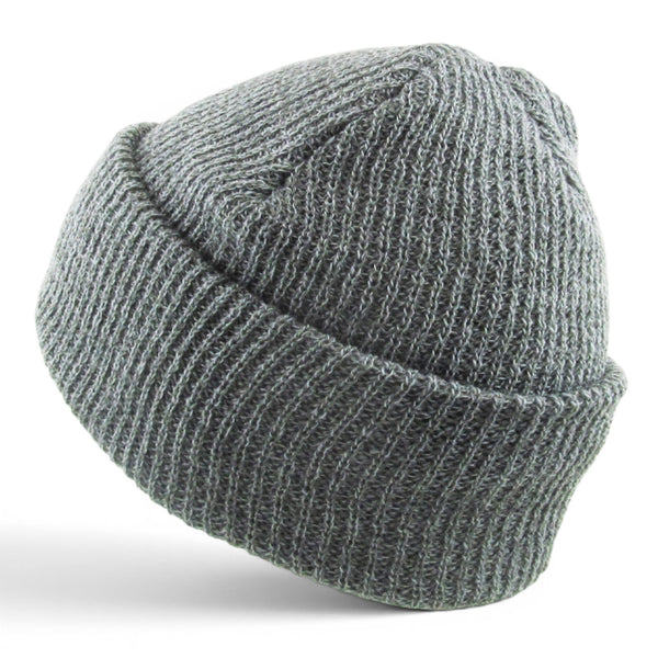 Close up view of light grey heather slouch beanie showing soft textured knit and relaxed oversized fit.