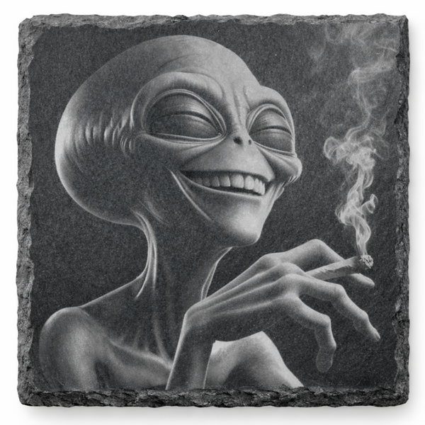 Laser engraved high alien slate coaster on natural slate