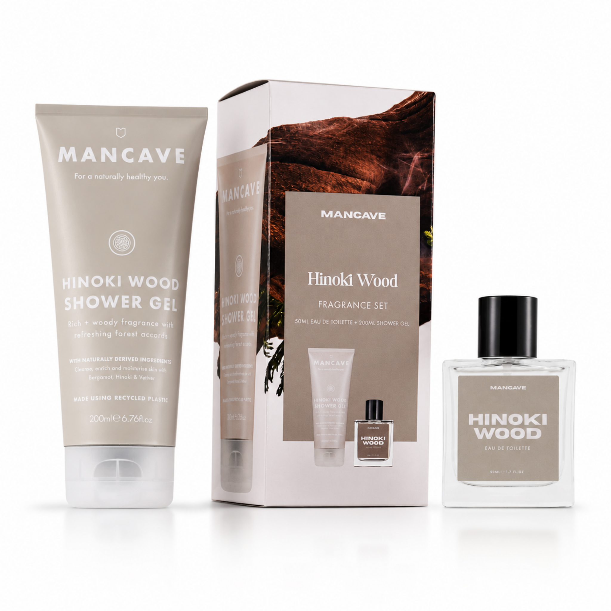ManCave Hinoki Shower Gel and Eau de Toilette Gift Set with presentation box on a white background.