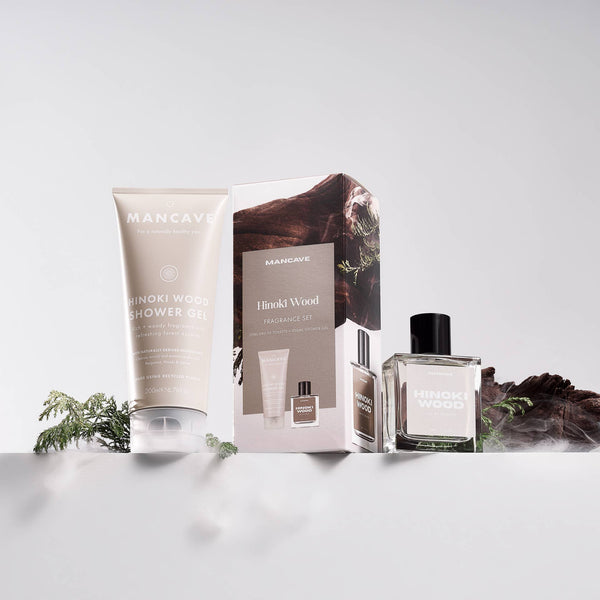 Man Cave Hinoki Shower Gel and Eau de Toilette Gift Set displayed with matching fragrance products.