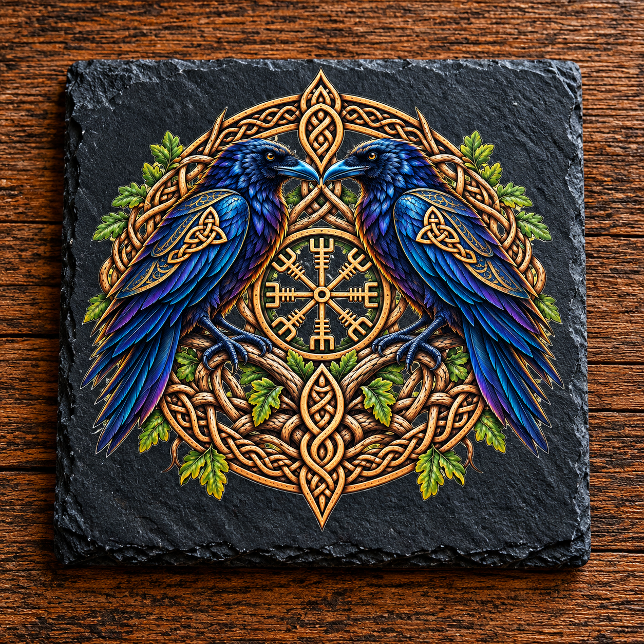 Huginn and Muninn, Odin's two ravens in blue and purple with golden Norse compass and Celtic knotwork on a black slate coaster