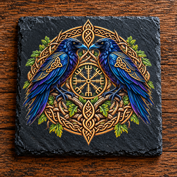 Huginn and Muninn, Odin's two ravens in blue and purple with golden Norse compass and Celtic knotwork on a black slate coaster