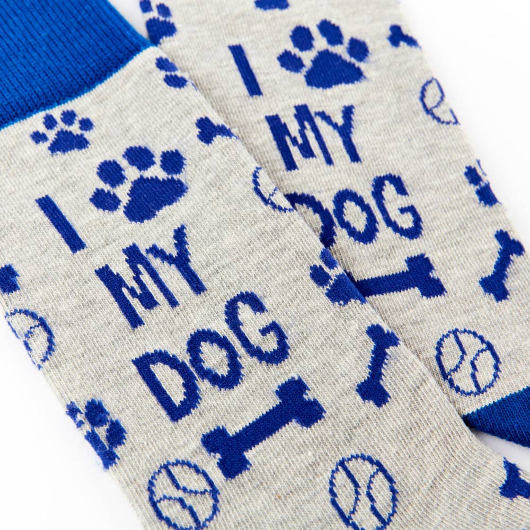 close up of I Love My Dog socks showing dog pattern and text