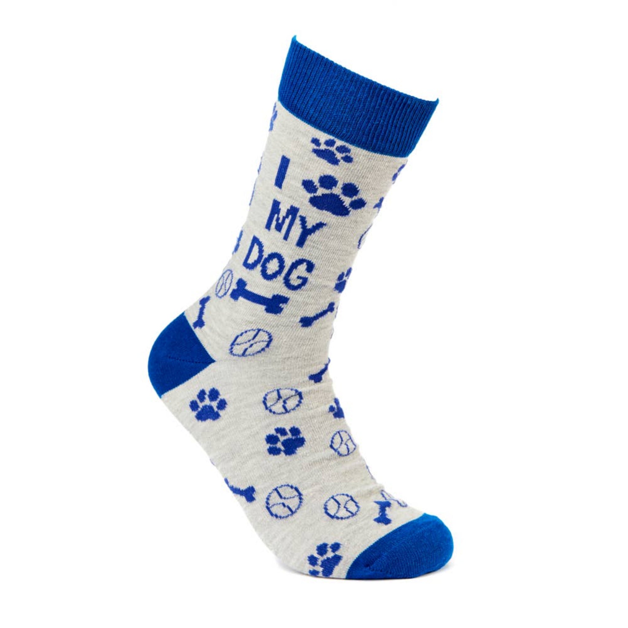 I Love My Dog novelty socks grey and blue main view with dog pattern