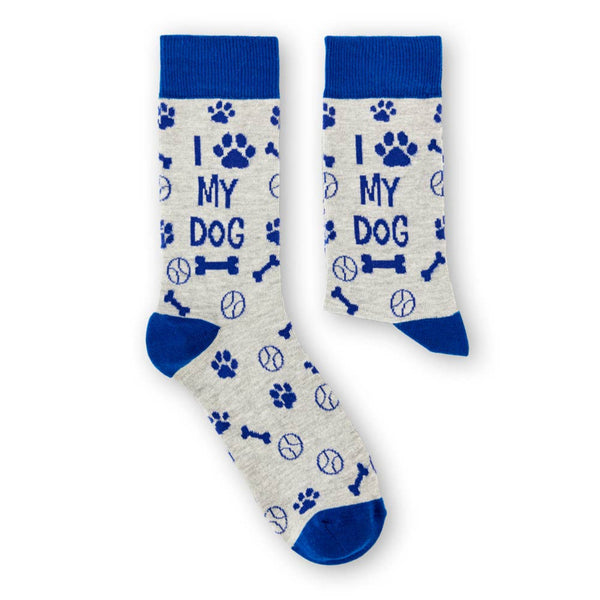 pair of I Love My Dog novelty socks laid flat showing full design
