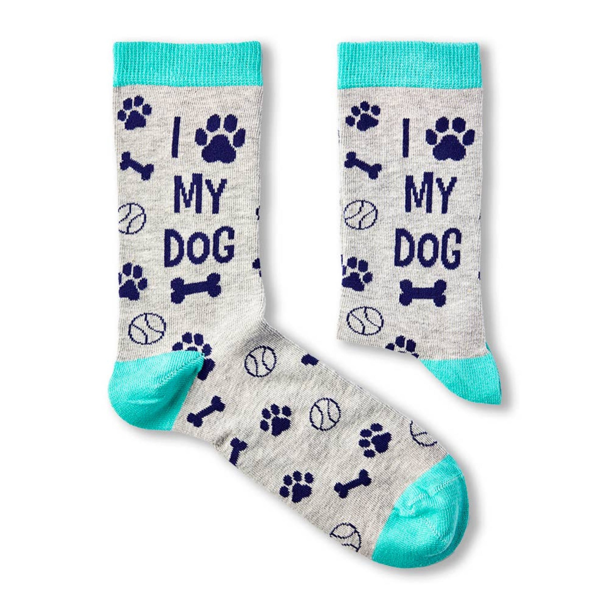 pair of I Love My Dog novelty socks laid flat showing full design