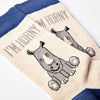 close up of I’m Horny socks showing rhino design and text
