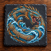 Jörmungandr Norse world serpent with turquoise scales, gold Celtic knotwork and crashing blue waves printed on a natural black slate coaster