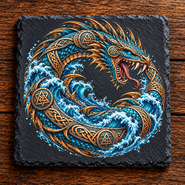 Jörmungandr Norse world serpent with turquoise scales, gold Celtic knotwork and crashing blue waves printed on a natural black slate coaster
