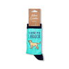 Turquoise sock with 'I Love My Labrador' text and dog illustration, on a white background