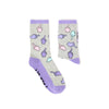 Pair of purple novelty socks with colourful all-over pattern and slogan design