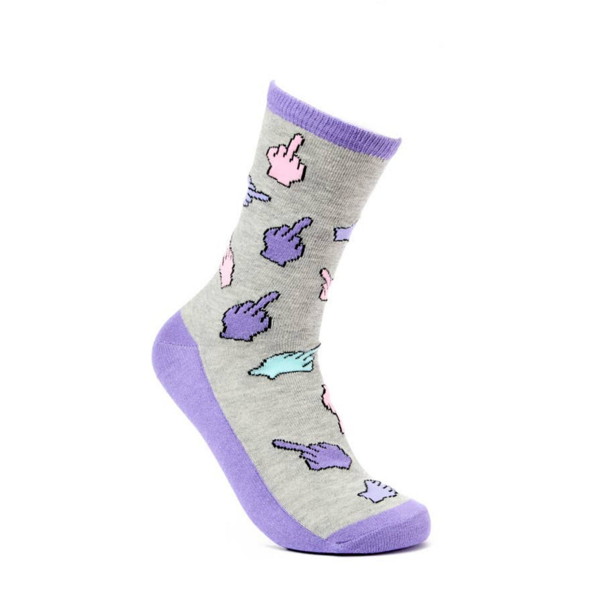 Purple novelty sock with colourful pattern and slogan design angled on white background