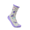 Purple novelty sock with colourful pattern and slogan design angled on white background