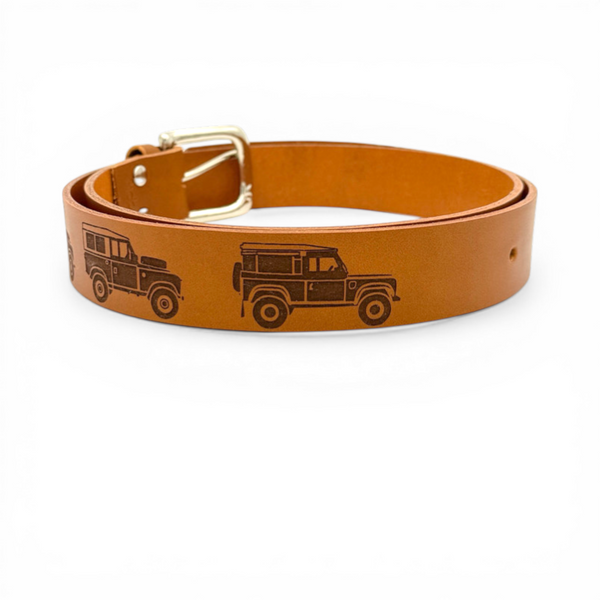 Brown leather belt showing spaced Land Rover engravings along the strap