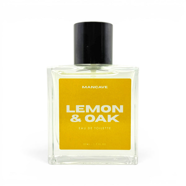 Lemon oak eau de toilette 50ml glass bottle with yellow label on white background
