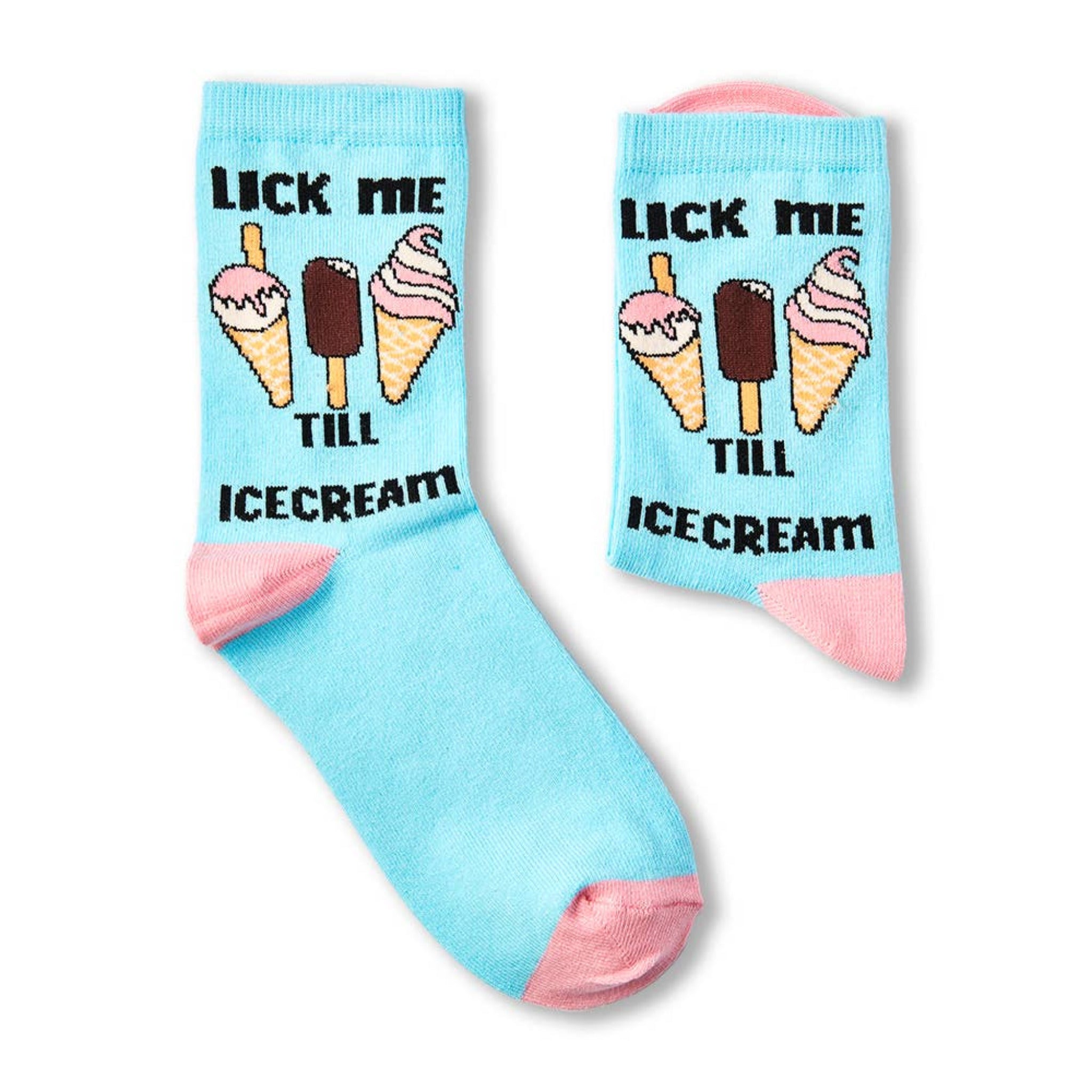 pair of Lick Me Till Ice Cream novelty socks laid flat showing full design