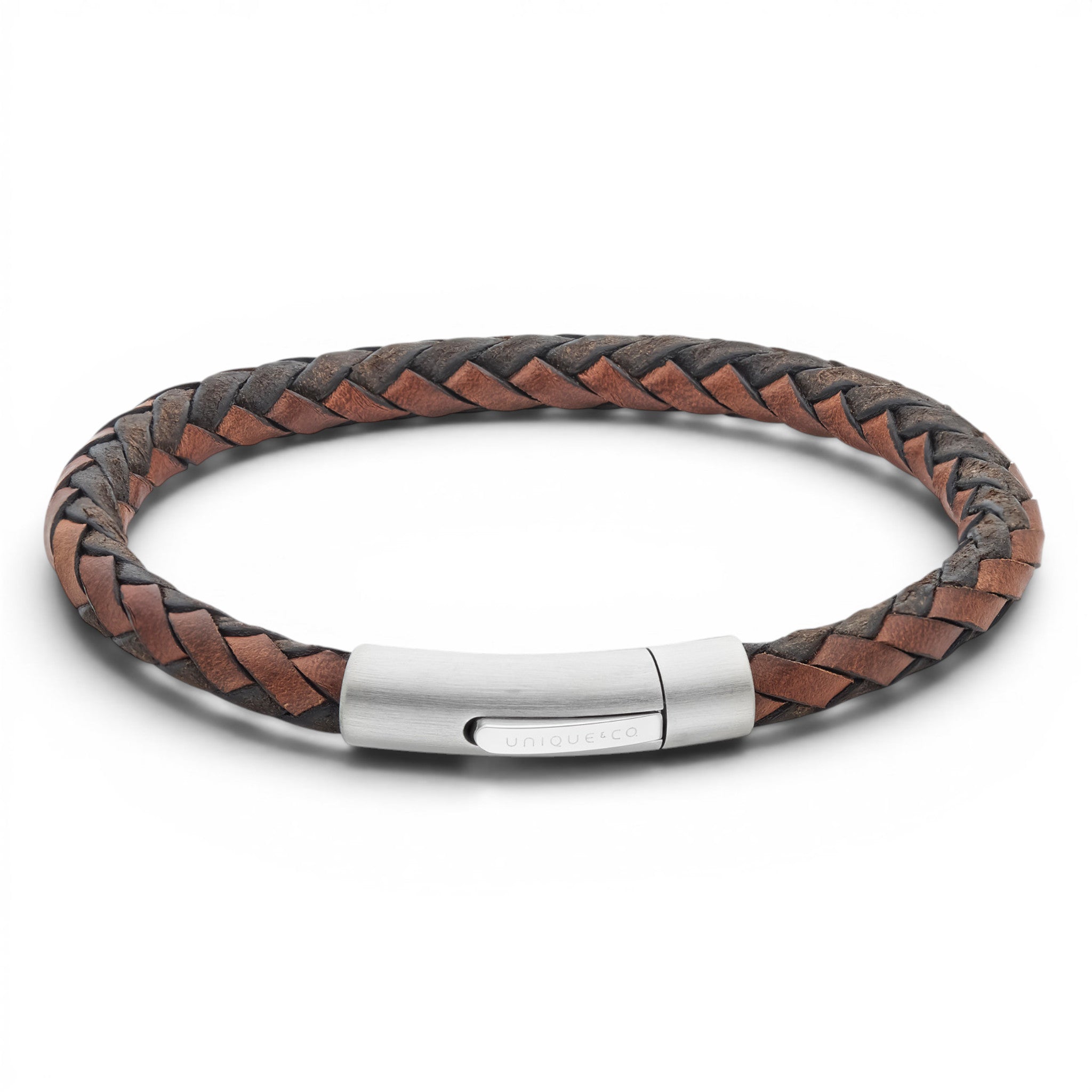 Lido and coconut braided leather bracelet with stainless steel clasp on a white background