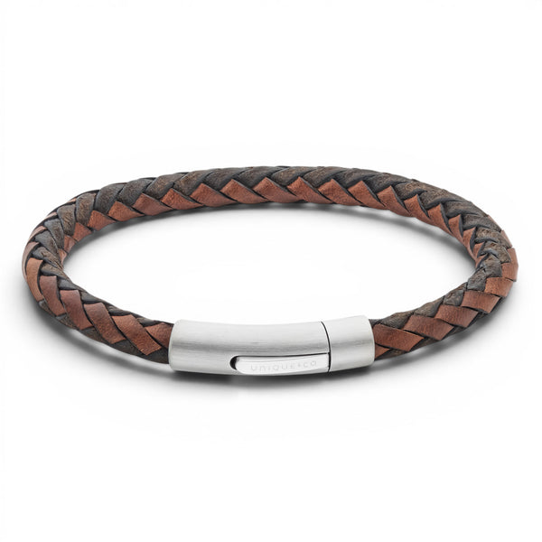 Lido and coconut braided leather bracelet with stainless steel clasp on a white background