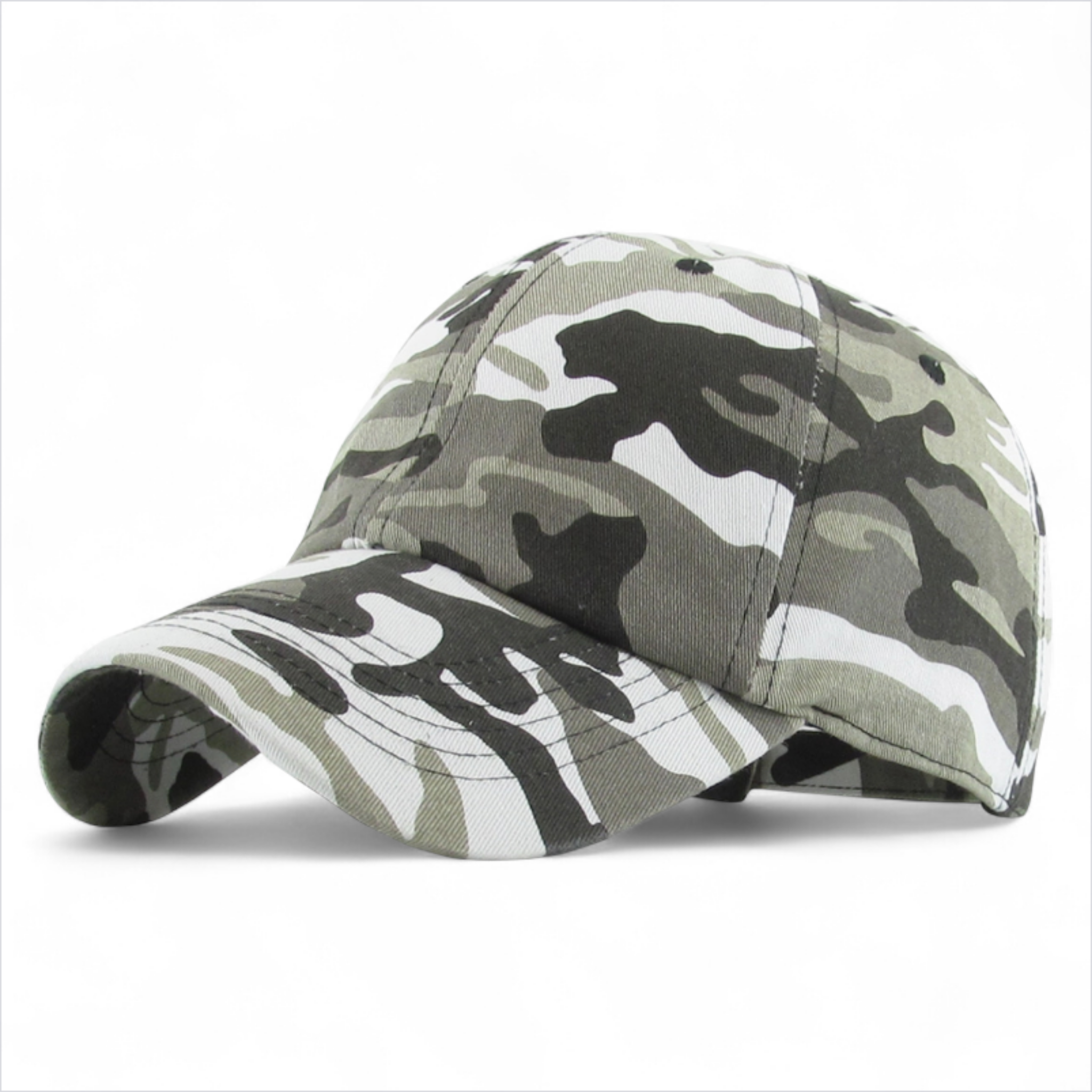 City urban camouflage low profile baseball cap with curved peak and adjustable fit.