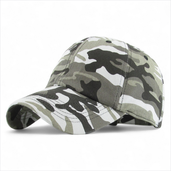 City urban camouflage low profile baseball cap with curved peak and adjustable fit.