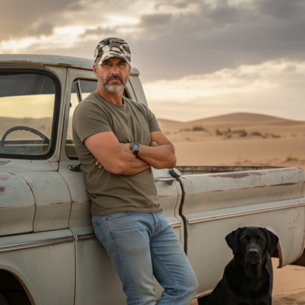 Man wearing a low profile camouflage baseball cap outdoors beside an off road vehicle.