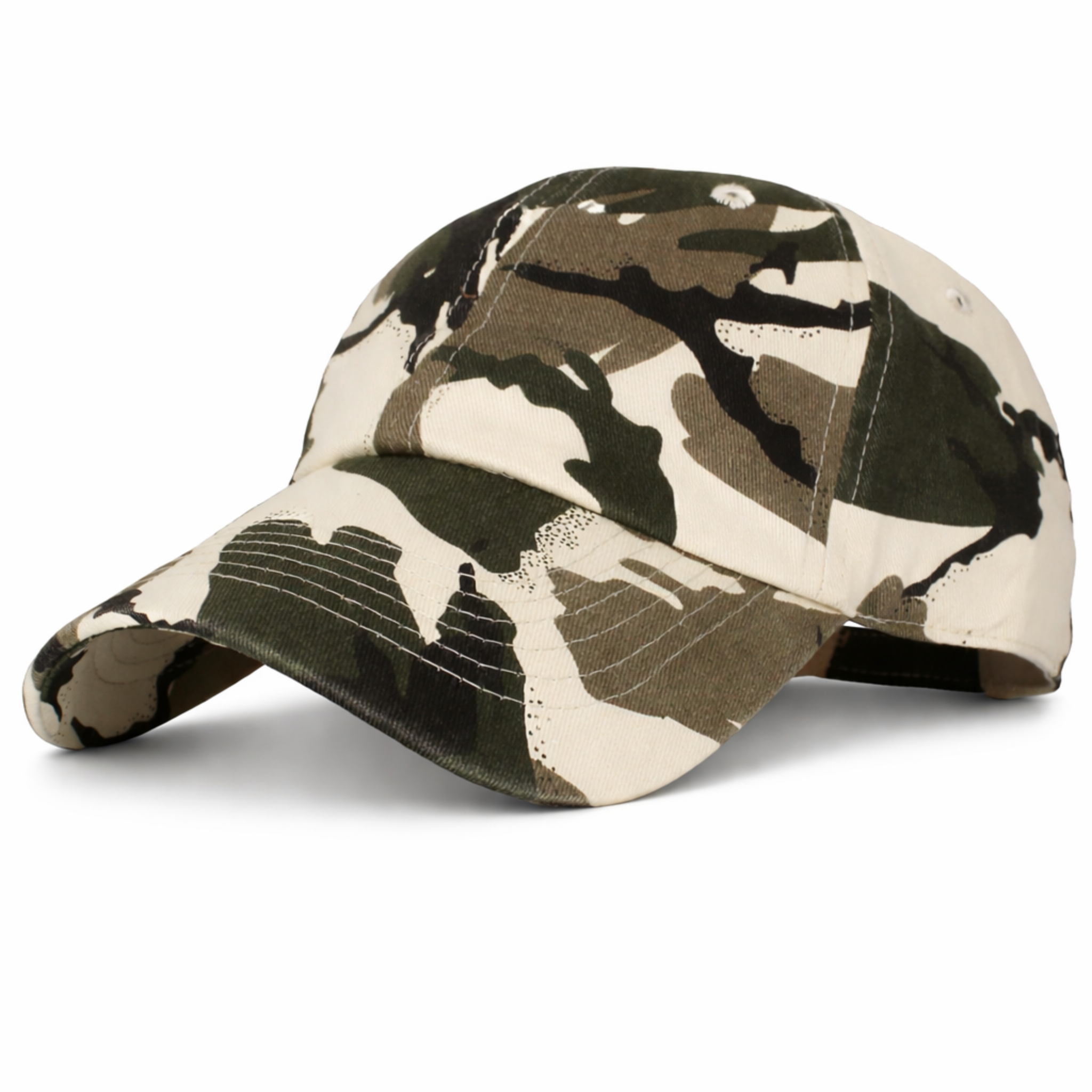 Safari camouflage low profile baseball cap with curved peak and adjustable rear strap.