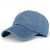 Denim blue low profile cotton baseball cap with curved peak and casual styling.