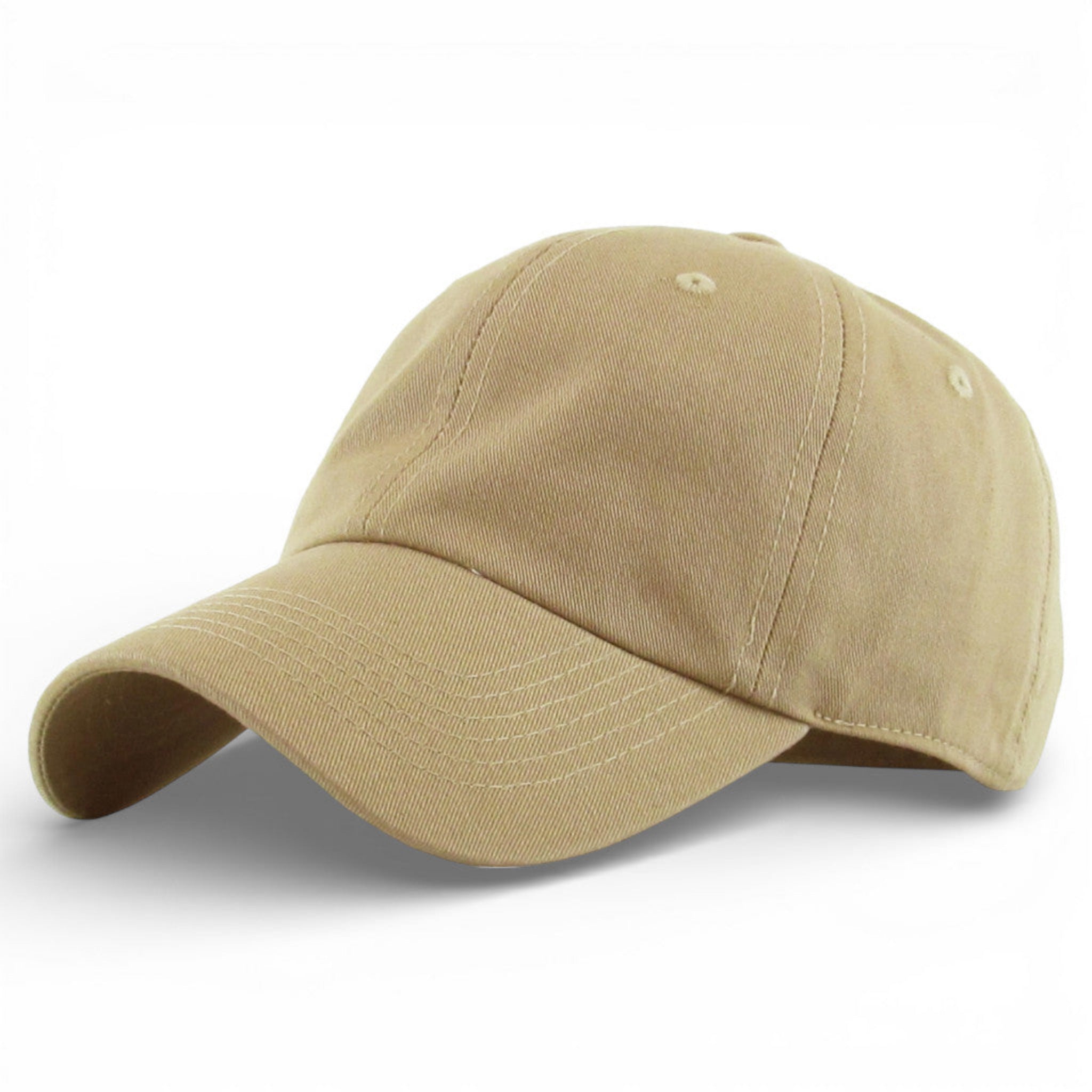 Khaki low profile cotton baseball cap with curved peak and adjustable rear strap.