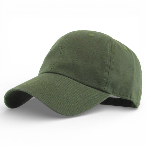 Olive green low profile cotton baseball cap with curved peak and relaxed fit.