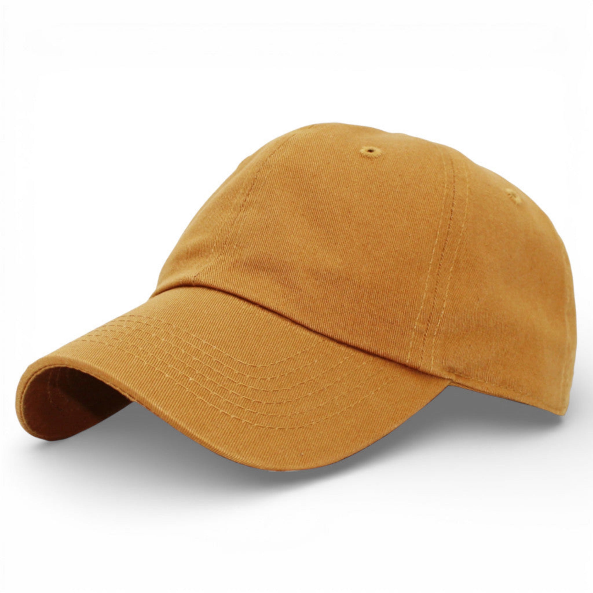 Tan low profile cotton baseball cap with curved peak and soft cotton finish.