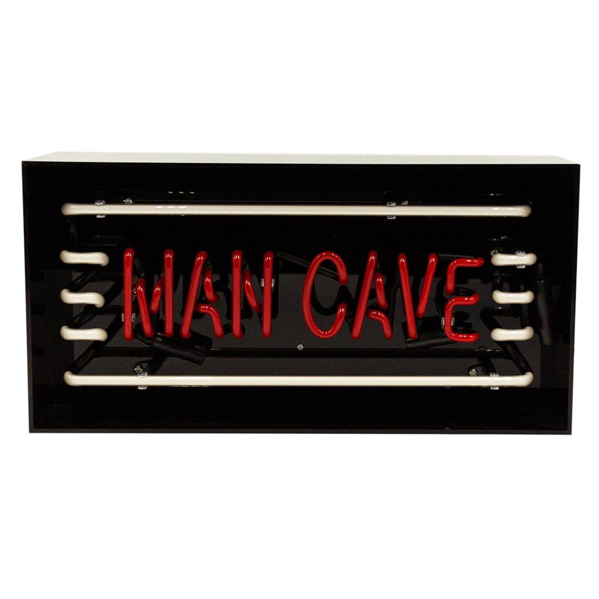Man Cave glass neon sign inside clear acrylic box on white background
