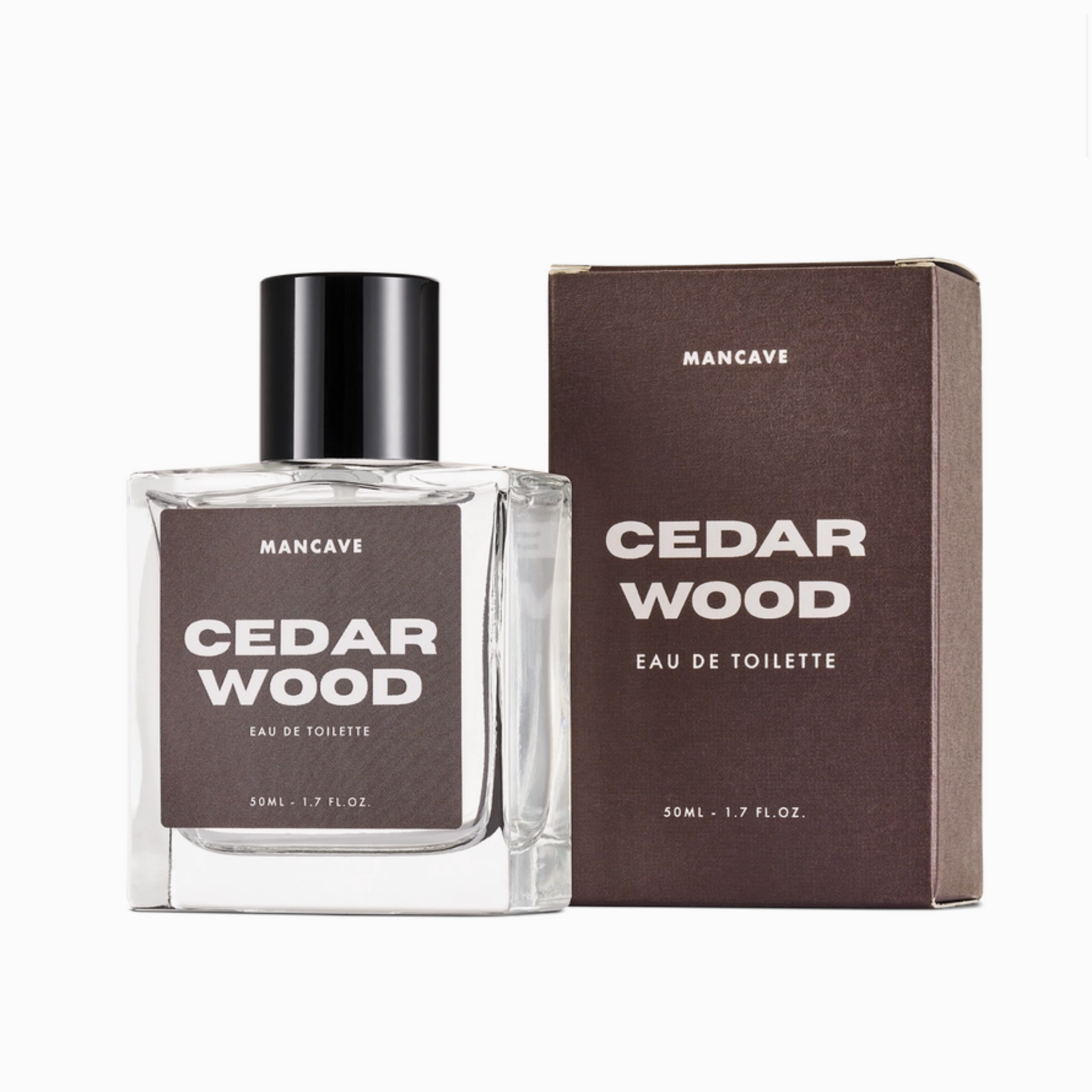 Mancave Cedarwood Eau De Toilette 50ml bottle with matching box on a white background
