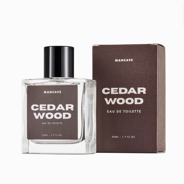 Mancave Cedarwood Eau De Toilette 50ml bottle with matching box on a white background