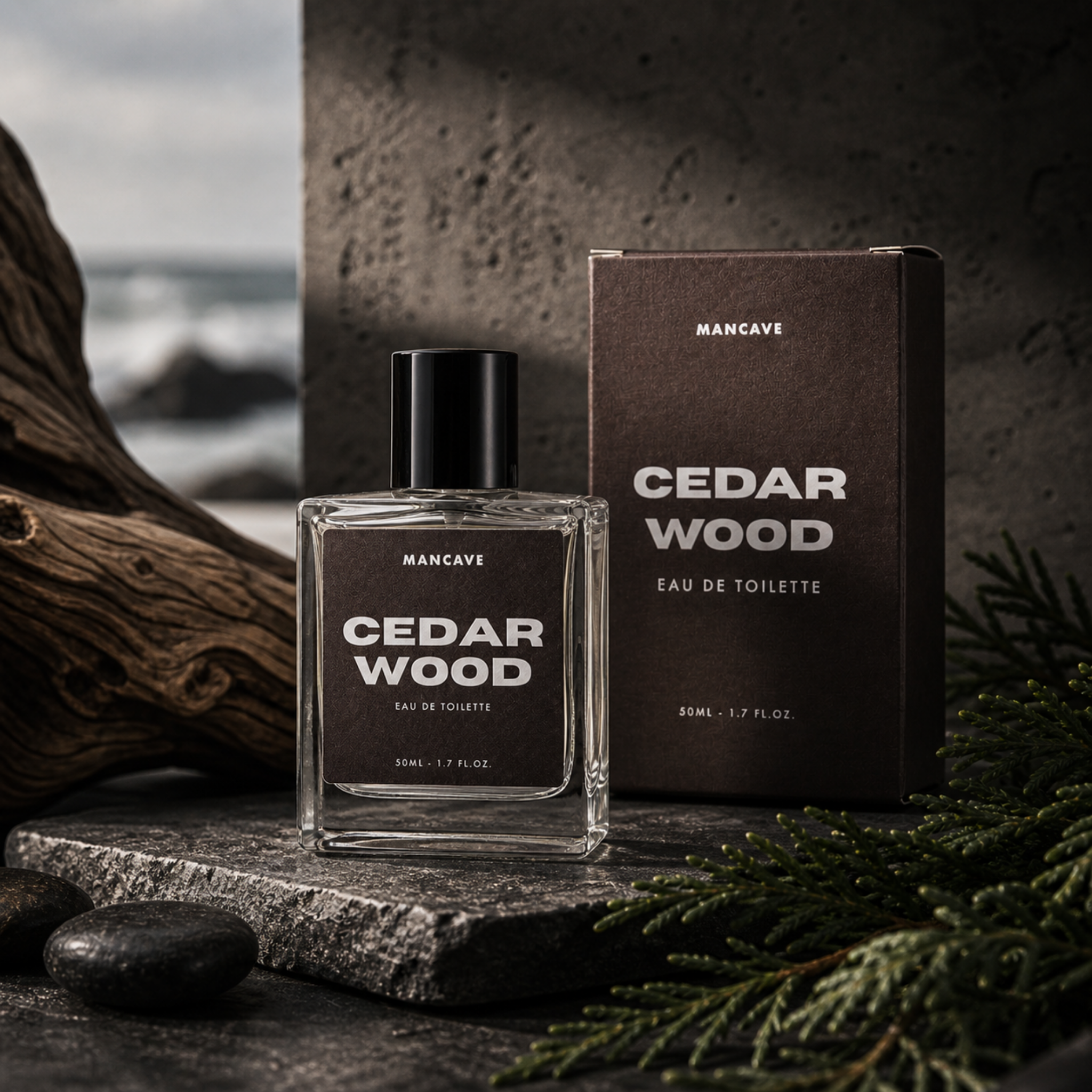 Mancave Cedarwood Eau De Toilette in a moody coastal spa inspired lifestyle scene with dark stone textures and cedar accents