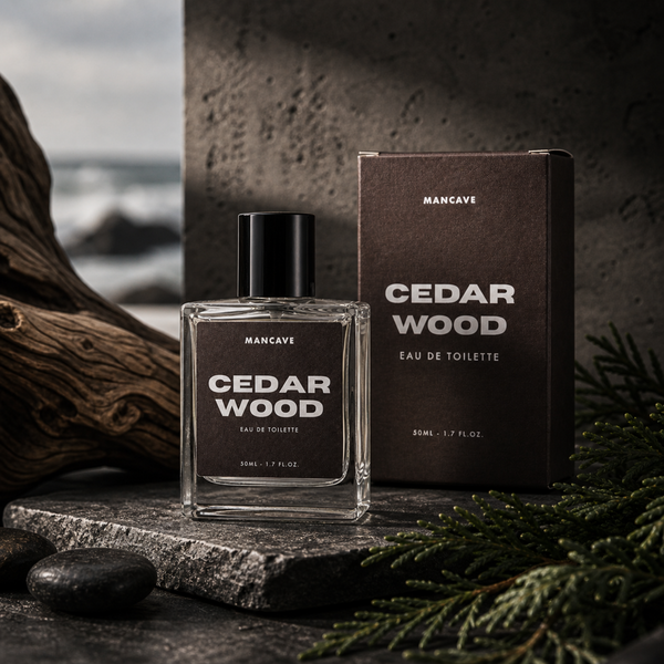 Mancave Cedarwood Eau De Toilette in a moody coastal spa inspired lifestyle scene with dark stone textures and cedar accents