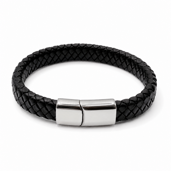 Men's 12mm black braided leather bracelet with a polished stainless steel magnetic slide clasp on a white background.