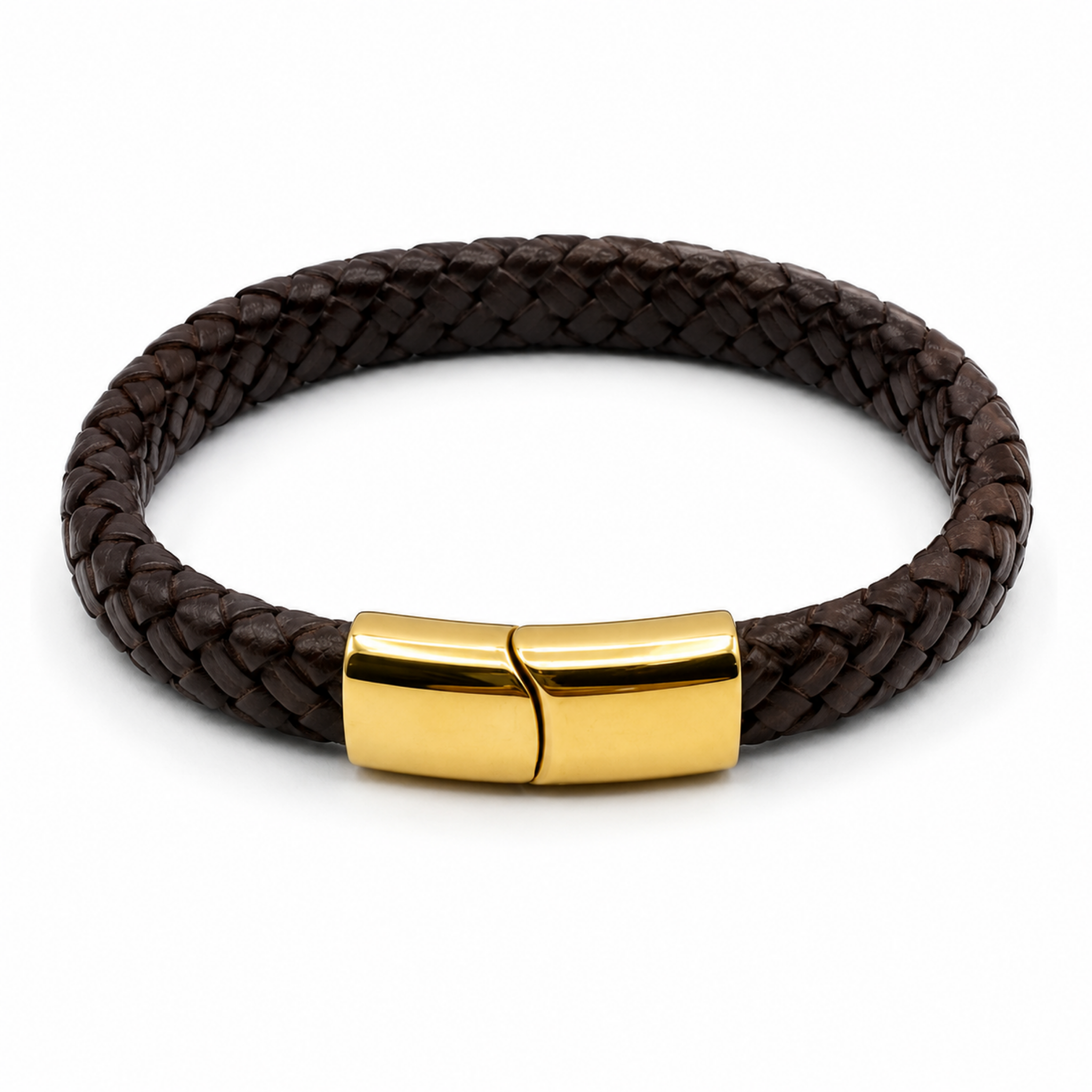 Men’s 12mm dark brown braided leather bracelet with polished gold stainless steel clasp on a white background.