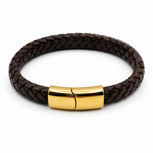 Men’s 12mm dark brown braided leather bracelet with polished gold stainless steel clasp on a white background.