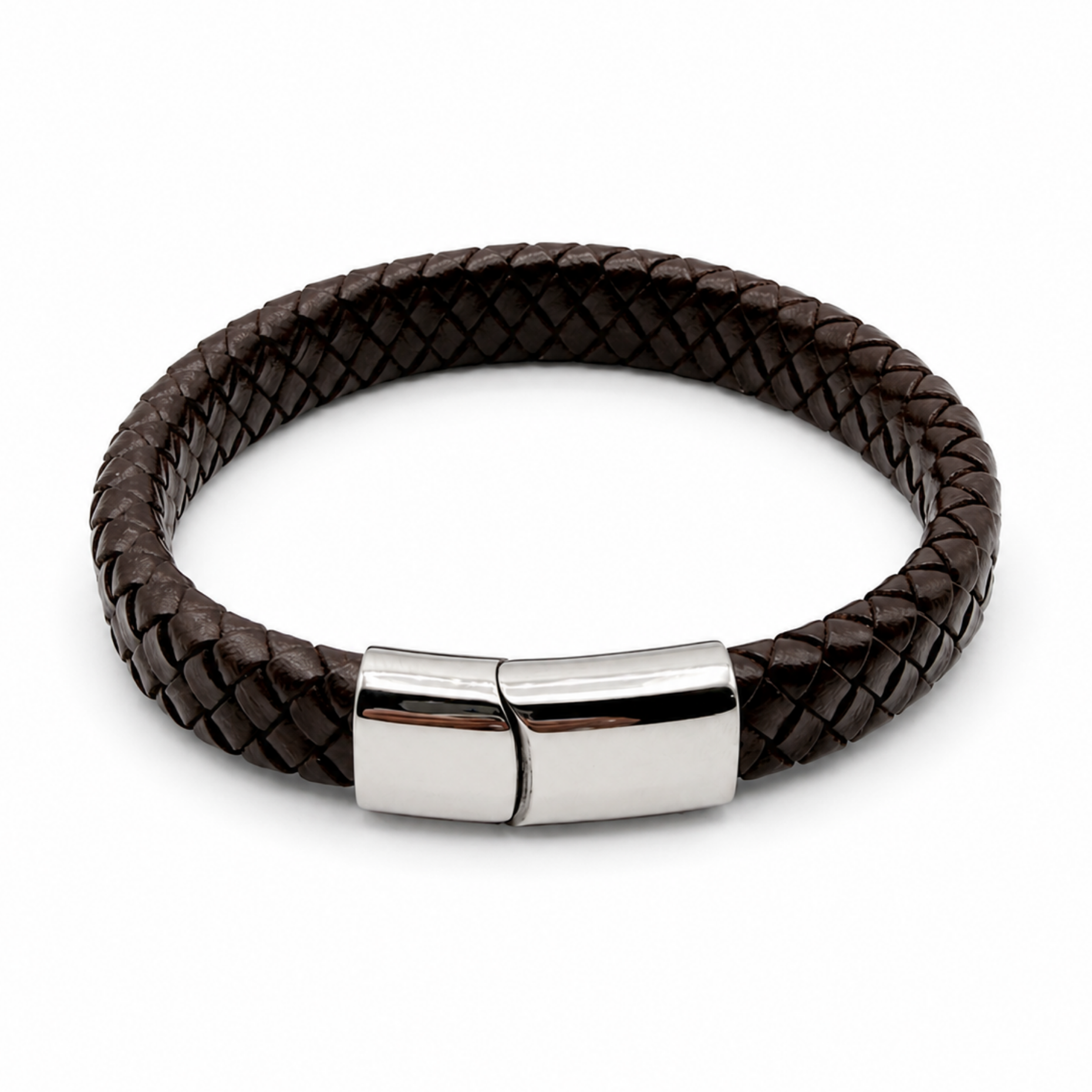 Men’s 12mm dark brown braided leather bracelet with polished stainless steel clasp on a white background.