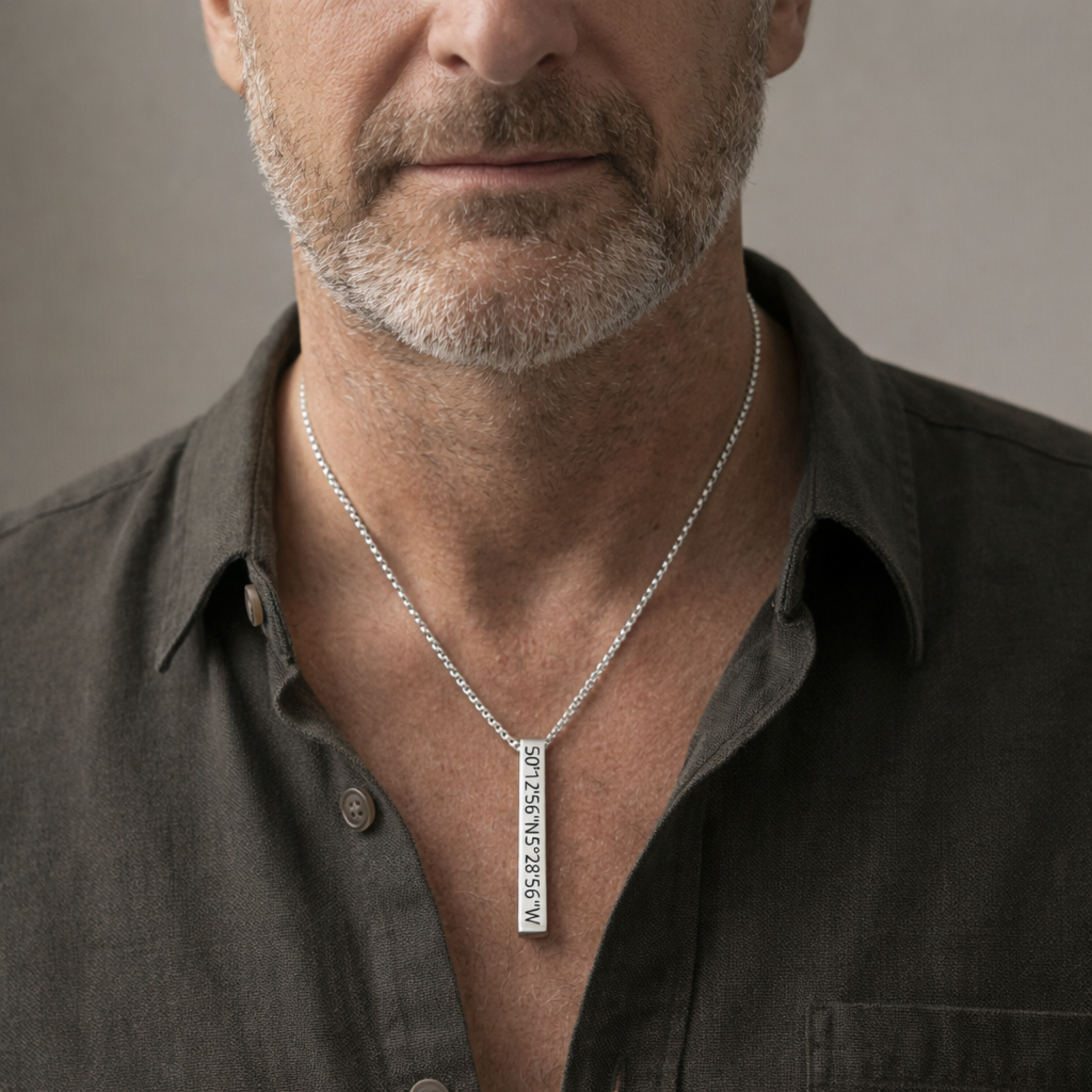 men’s stainless steel bar necklace worn on model adjustable chain