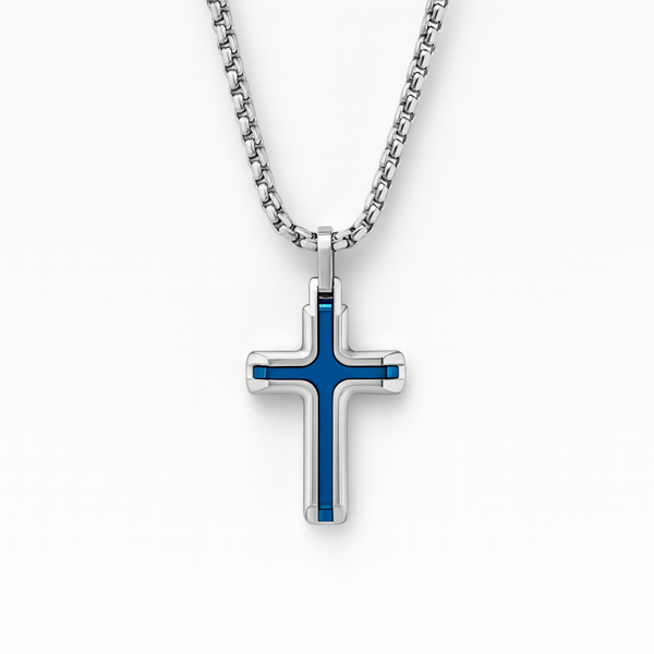 Men’s stainless steel cross pendant necklace with blue ion plating on a 50cm chain on a white background