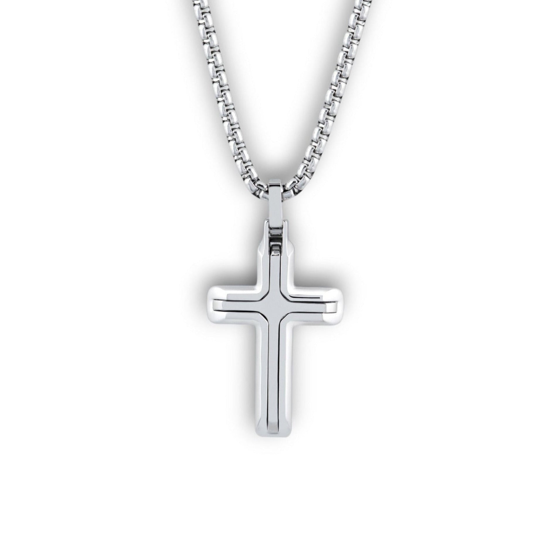 Men’s stainless steel cross pendant necklace with matte and polished finish on a 20 inch chain on a white background
