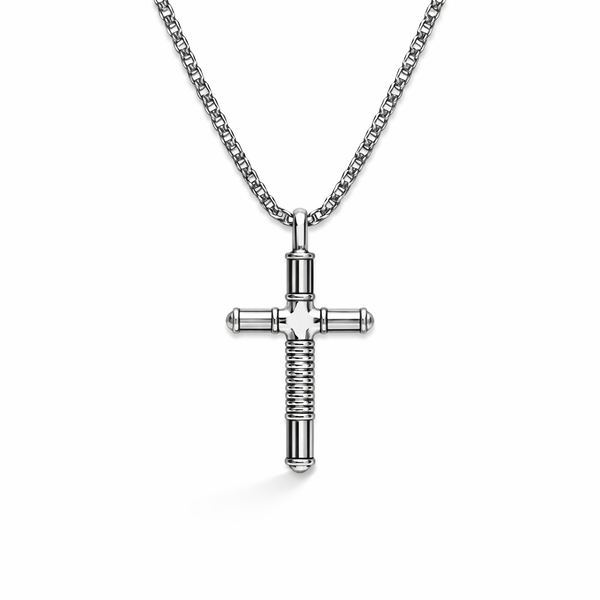 Men’s stainless steel cross pendant necklace with matte and polished finish on a 50cm chain on a white background