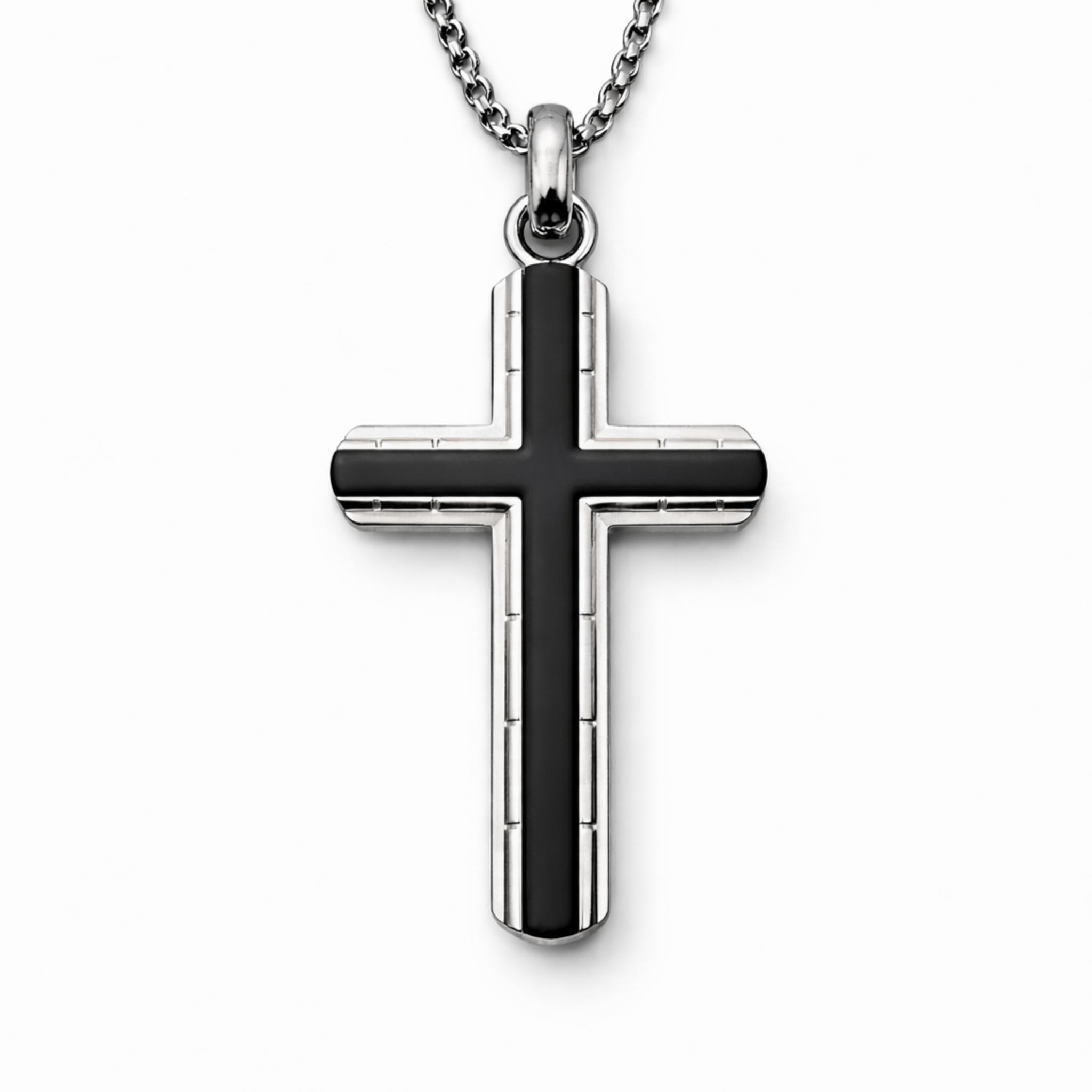 Men’s stainless steel cross pendant necklace with carbon fibre inlay on a 20 inch chain on a white background