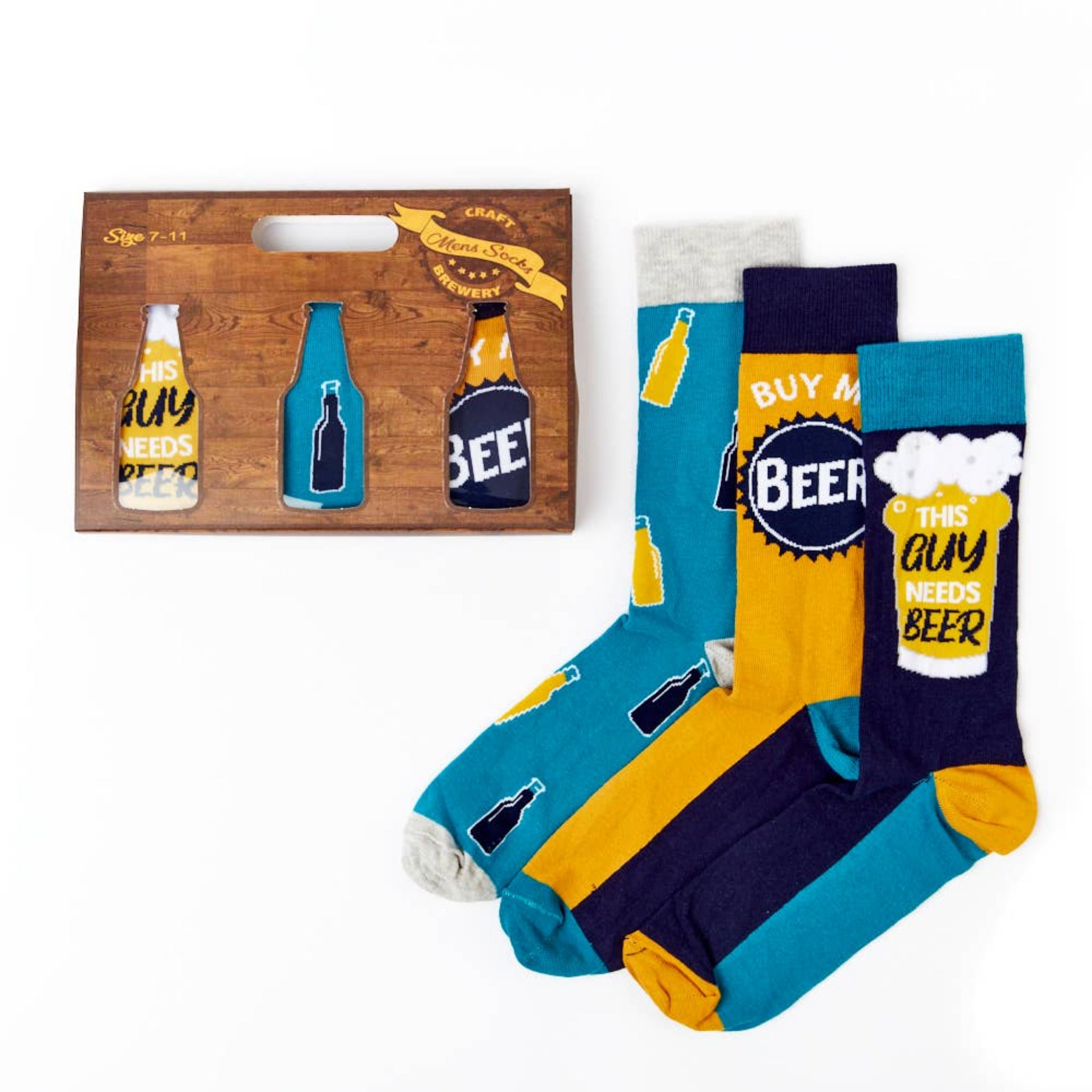 three pairs of men’s beer themed socks laid out with different designs