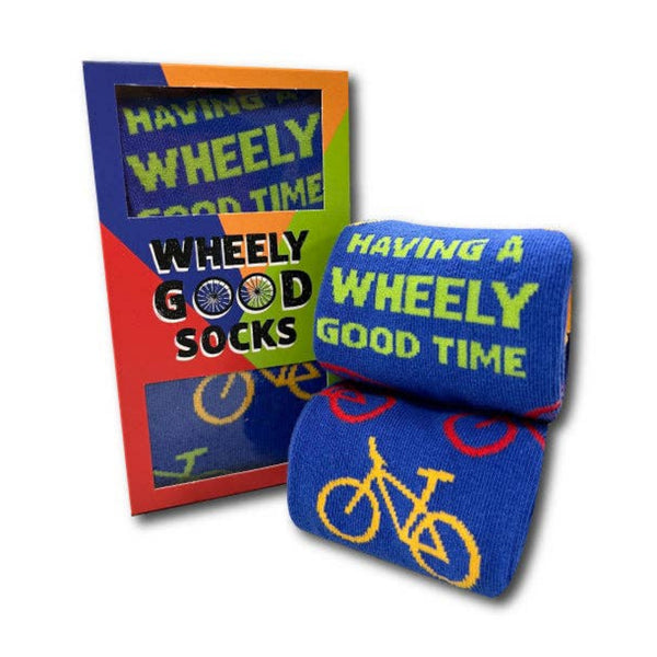 Cycling themed novelty sock gift box with two pairs of colourful socks and wheely good slogan design