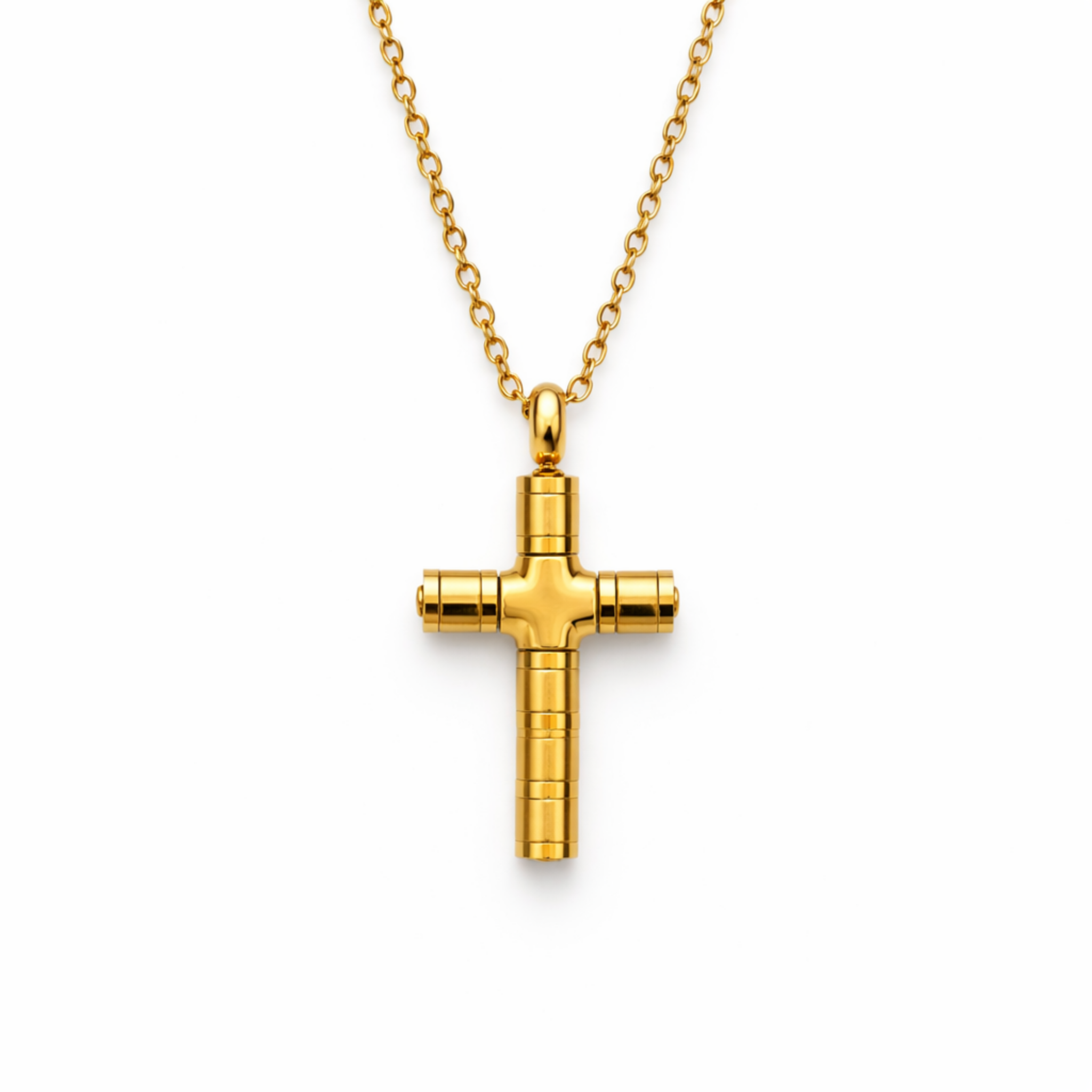 Men’s gold IP plated stainless steel cross necklace on a 20 inch chain, shown on a white background