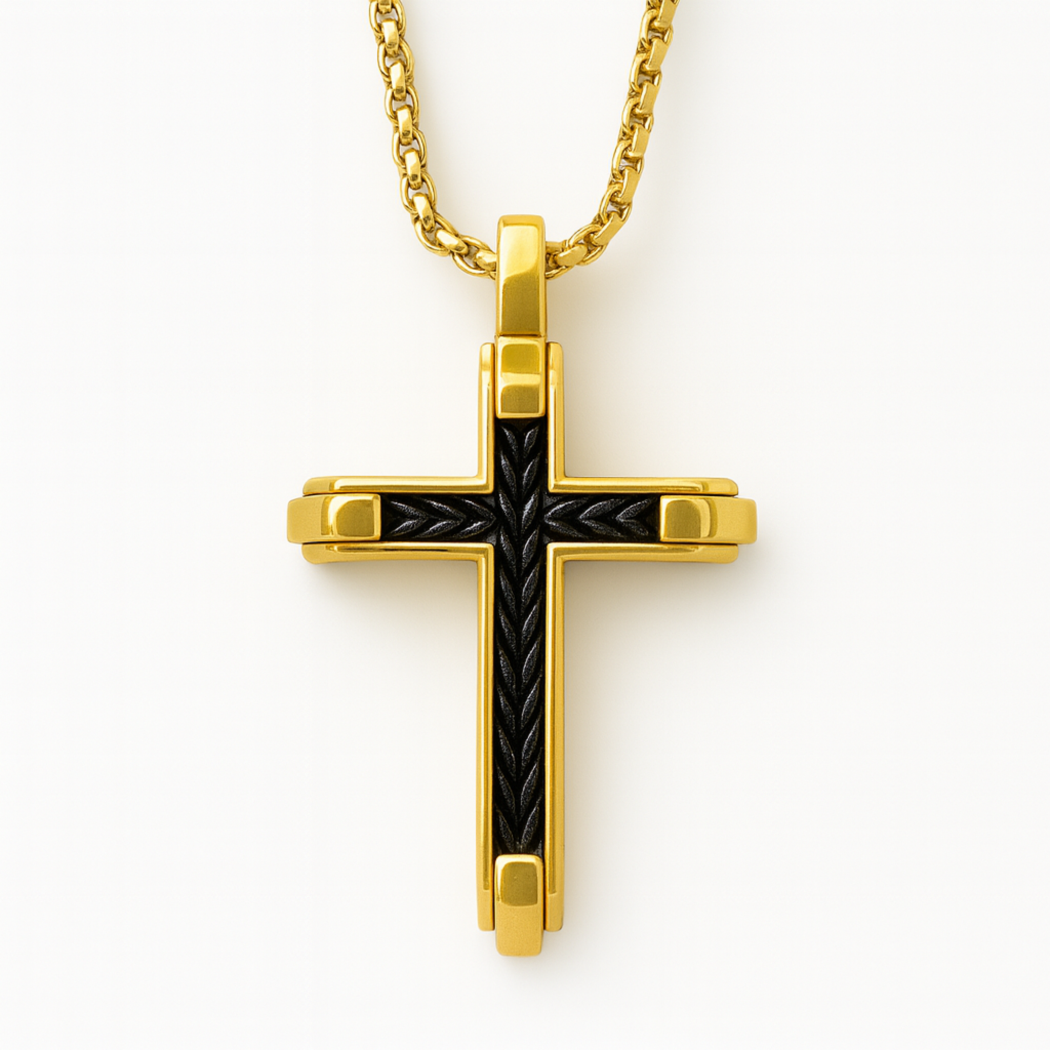 Men’s gold tone stainless steel cross necklace with black IP inlay and textured centre on a 20 inch chain, shown on a white background